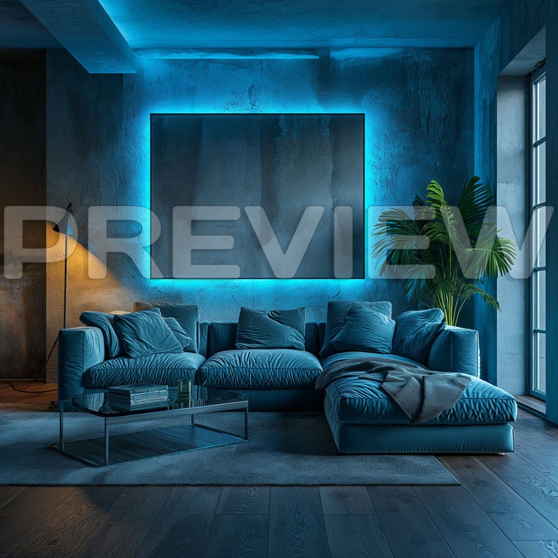 10 Luxury Blue Neon Living Room Frame Mock Ups / Modern Style Gamer Mock Up / Frame Mock up Bundle / Stock / Template Frame Art / PSD image 4