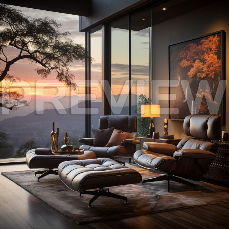 Puede incluir: Una sala de estar con dos sillones de cuero marr&oacute;n y un reposapi&eacute;s a juego. Los sillones est&aacute;n colocados frente a una gran ventana con vistas a una puesta de sol sobre una cordillera. Un cuadro con una escena de bosque cuelga en la pared detr&aacute;s de los sillones. Una l&aacute;mpara se encuentra en una mesa auxiliar junto a los sillones.
