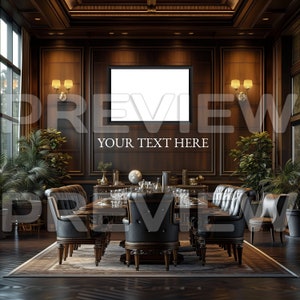 May include: A dark wood dining room with a large rectangular table and chairs. The table is set with glasses, plates, and cutlery. There is a large framed picture on the wall behind the table. The text "YOUR TEXT HERE" is printed below the picture.