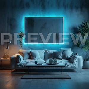 10 Luxury Blue Neon Living Room Frame Mock Ups / Modern Style Gamer Mock Up / Frame Mock up Bundle / Stock / Template Frame Art / PSD image 6