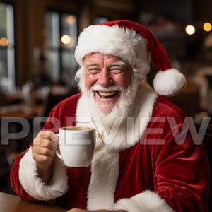 May include: Santa Claus, wearing a red suit with white trim, smiles while holding a white mug of coffee. He is sitting at a table in a restaurant.