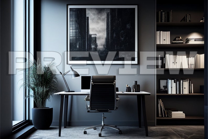 May include: A modern home office with a black desk, chair, and lamp. A large framed black and white photograph hangs on the wall. A bookshelf with books and decorative items is on the right side of the image. A potted plant is on the left side of the image.
