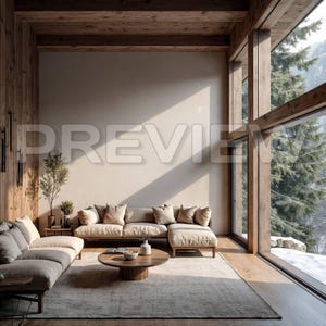 May include: A modern living room with a neutral color palette. Features include a large sectional sofa, a round wooden coffee table, and a large window with a view of a snowy landscape. The room has wooden accents and a rug.