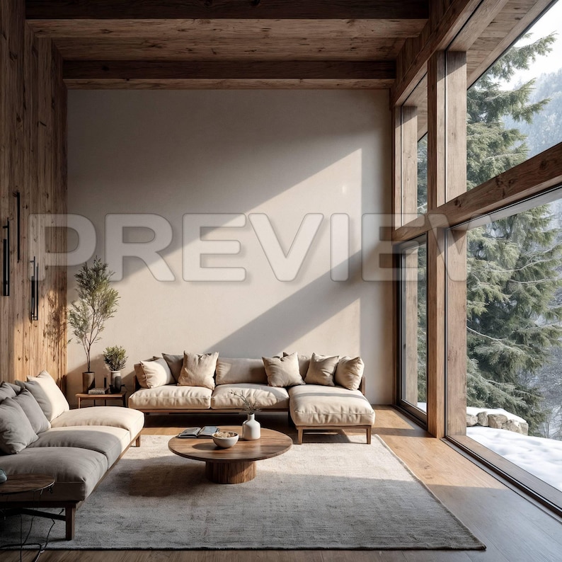 May include: A modern living room with a neutral color palette. Features include a large sectional sofa, a round wooden coffee table, and a large window with a view of a snowy landscape. The room has wooden accents and a rug.