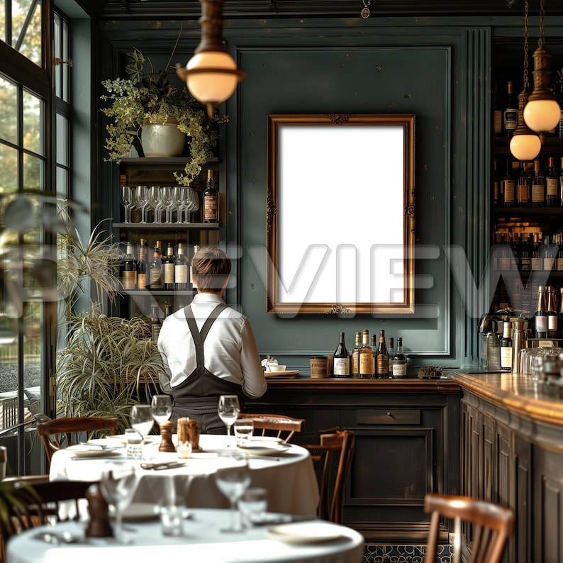 May include: A person wearing a white shirt and black overalls stands behind a bar in a restaurant. The bar is made of dark wood and has a mirror behind it. There is a large, empty picture frame hanging on the wall behind the bar. A table with white tablecloth and glasses is set in the foreground.
