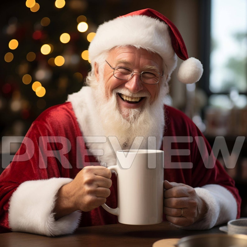 May include: Santa Claus wearing a red suit and a white beard, smiles while holding a white mug. He is sitting in front of a Christmas tree with lights.