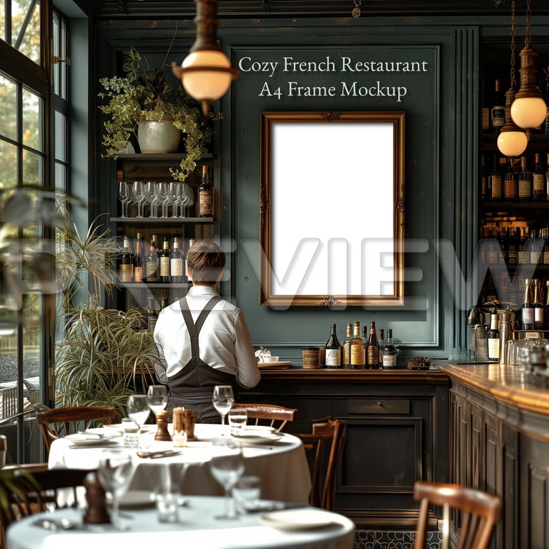 May include: A cozy French restaurant interior with a dark green wall, a wooden bar, and a white table setting. A framed A4 mockup is hanging on the wall.