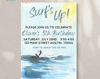 May include: A blue and white watercolor illustration of a surfer riding a wave. The text "Surf's Up!" is at the top of the invitation. The text "Please join us to celebrate Oliver's 5th Birthday" is below the illustration. The invitation also includes the date, time, and location of the party.