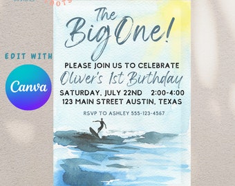 The Big One Birthday Party Invitation, Surf first birthday party invite,   Beach Party Invite, Instant Download, Canva Template