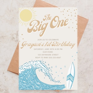 The Big One surf birthday invitation, the big one invite, the big one birthday, surfing first birthday, Retro Surf Digital Instant Download