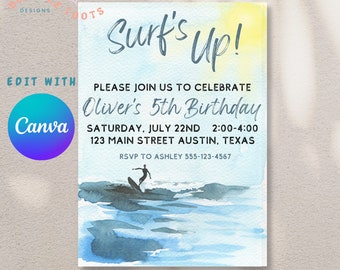 May include: A blue and yellow watercolor invitation with a silhouette of a surfer riding a wave. The text reads "Surf's Up!" and "Oliver's 5th Birthday". The invitation includes the date, time, location, and RSVP information.