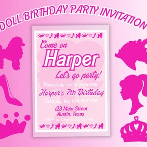 Pink Doll Birthday Invitation, Doll Party Invitation, Hot Pink doll birthday invite, instant download, digital download invitation
