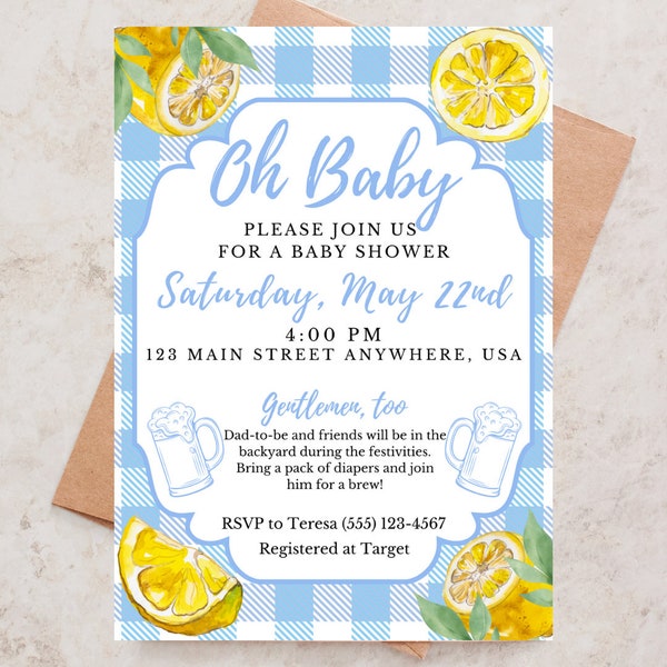 Blue gingham baby shower invitation, digital instant download, canva template. lemon baby shower, summer fruit baby shower, preppy gingham