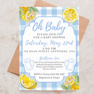 Blue Lemon Baby Shower Invitation, Preppy gingham lemon shower invitation, Summer fruit buffalo check digital invite, couples baby shower