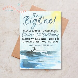 The Big One Birthday Party Invitation, Surf first birthday party invite,   Beach Party Invite