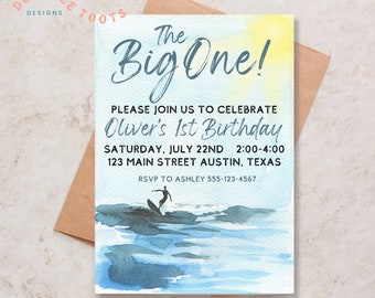 The Big One Birthday Party Invitation, Surf first birthday party invite,   Beach Party Invite