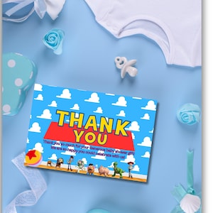 It's A Boy Story digitale bedankkaart, Toy Story babyshower canva bedankkaart, direct downloaden