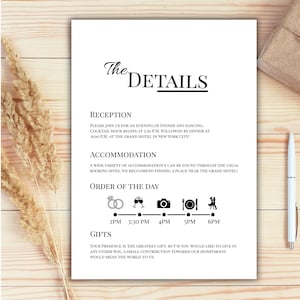 Cartão de detalhes de casamento minimalista e elegante | Modelo de informações de casamento para impressão | Encarte de detalhes personalizável