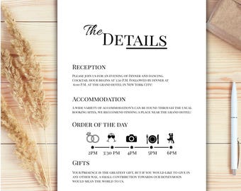 Minimalistische elegante Hochzeits-Detailkarte | Druckbare Hochzeit Information Vorlage | Anpassbare Details Einsatz
