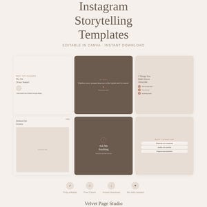 Könnte beinhalten: Ein digitales Vorlagenset für Instagram-Storytelling mit einer neutralen Farbpalette. Das Design umfasst verschiedene Layouts mit Textplatzhaltern und den Sätzen "Instagram Storytelling Templates", "Editable in Canva" und "Instant Download."