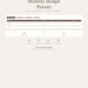 Op de afbeelding: Een digitale maandelijkse budgetplanner-sjabloon met de tekst "Monthly Budget Planner" en "Excel Spreadsheet - Instant Download". De sjabloon bevat secties voor uitgaven, spaardoelen en schuldaflossing, met 22 uitgavencategorieën en 5 spaardoelen.