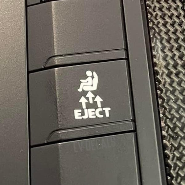 Small EJECT Button Decal Compatible with 911, 718, GTI, and other German Cars. Includes two fake button decal stickers per order.