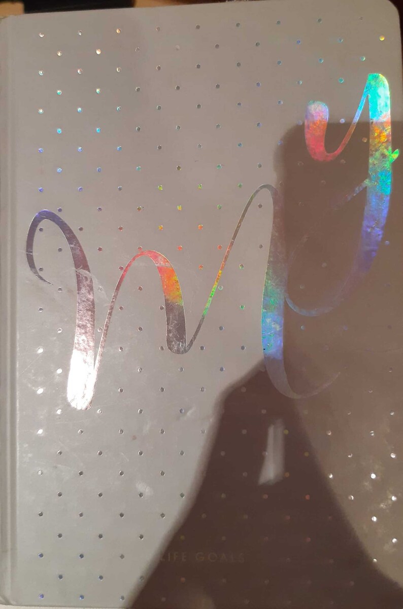 May include: A white journal with a holographic silver and rainbow "My Life Goals" inscription on the front cover. The cover has a white background with a pattern of small silver dots.