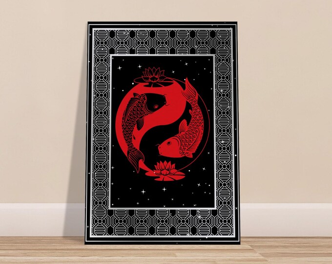 Black, White, and Red Cosmic Coi Canvas Art - Esoteric Meditation Wall Decor - Spiritual Psychedelic Canvas  70x100 cm / 28x40″