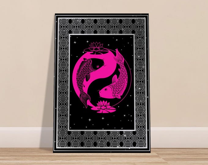 Black, White, and Pink Cosmic Coi Canvas Art - Esoteric Meditation Wall Decor - Spiritual Psychedelic Canvas 70x100 cm / 28x40″