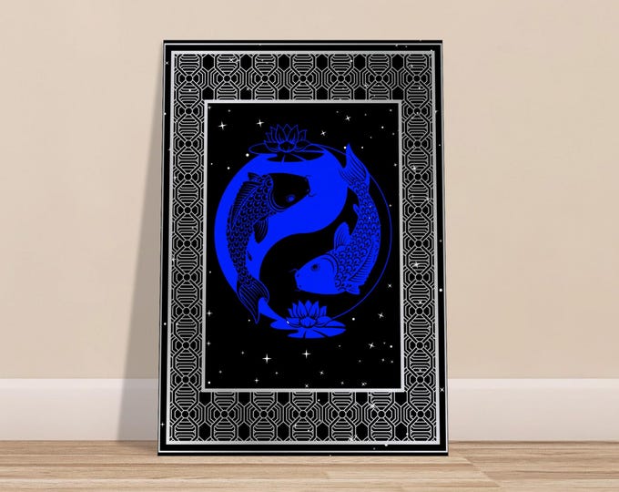 Black, White, and Blue Cosmic Coi Canvas Art - Esoteric Meditation Wall Decor - Spiritual Psychedelic Canvas 70x100 cm / 28x40″