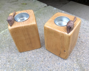 Handmade Rustic Wood Candle Holder with Carved Mouse
