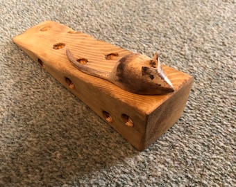 Handmade Wooden Door Stop: Rustic Mouse on Cheese, Reclaimed Wood Decor