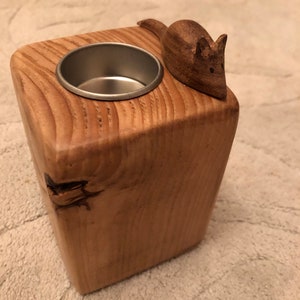 Handmade Rustic Wood Candle Holder with Carved Mouse (4.5 inch)