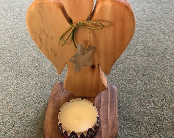 Christmas angel decoration handmade from reclaimed wood with candle