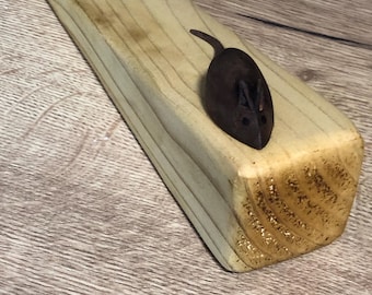 Handmade Wooden Door Stop: Rustic Mouse on Cheese, Reclaimed Wood Decorative door wedge.