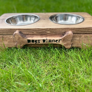 Customisable dog bowl stand holder handmade from reclaimed wood unique gift for dog pet owners