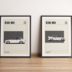 BMW E30/E36 M3 Poster Car Print - Retro Wall Decor - Mid-Century Modern - Automotive Art - Vintage Poster - Classic Car - Wall Art - Bauhaus