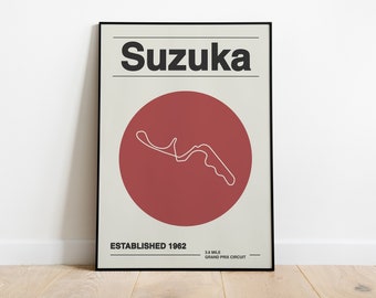 Suzuka Racing Circuit Print | Mid Century Modern F1 Wall Art