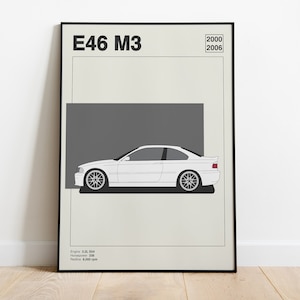 Póster de coche BMW E46 M3 - Decoración de pared retro - Arte moderno de mediados de siglo - Arte automotriz - Póster vintage - Coche clásico - Arte de pared - Bauhaus