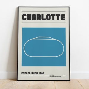 Charlotte racebaanprint | Halverwege de eeuw modern | NASCAR | Autoliefhebber | Muurkunstafdruk | Retro wanddecoratie | Vintage poster