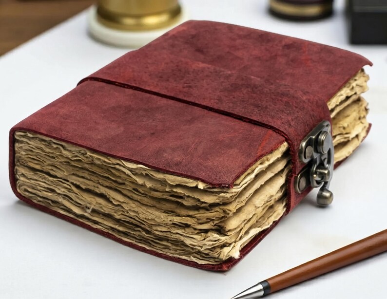 May include: A rectangular journal with a deep red, textured cover and a metal latch closure. The book features thick, deckled-edge pages with a light tan, aged appearance. A brown pen with a silver tip is positioned near the bottom right corner.