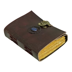Triple Moon Goddess Vintage Leather Journal With Stone, Deckle Edge Paper, Blank Spell Book of Shadows Grimoire Journal, Great Gift Journal.