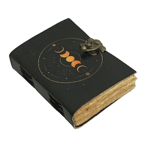 Grimoire Vintage Leather Journal, Moon Phase Handmade Journal for Women and Men Handmade Deckle Edge Paper Leather Notebook Diary With Lock