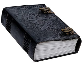 Large Leather Grimoire Journal: Handmade Pentagram Embossed Spell Book