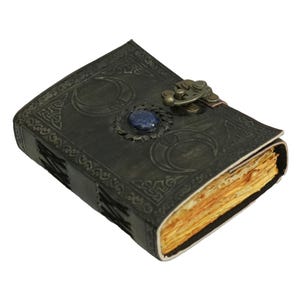 Triple Moon Goddess Vintage Leather Journal With Stone, Deckle Edge Paper, Blank Spell Book of Shadows Grimoire Journal, Great Gift Journal.