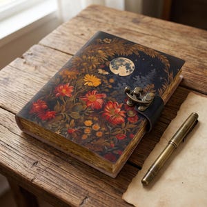 May include: A rectangular journal with a dark cover featuring a floral pattern of red, orange, and yellow flowers, a full moon, and a forest silhouette. The journal has a metal latch closure and is accompanied by a metallic brass-colored pen.