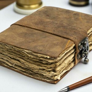 Handmade Rustic Brown Leather Journal: Antique Deckle Edge Paper Lock Closure Blank Spell Book of Shadows Travel Notebook Gift For Him Her