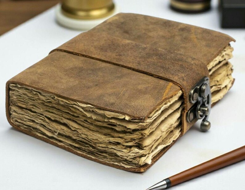 Handmade Rustic Brown Leather Journal: Antique Deckle Edge Paper Lock Closure Blank Spell Book of Shadows Travel Notebook Gift For Him Her