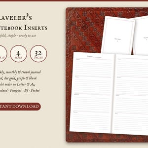 Może przedstawiać: Cyfrowy zestaw Traveler's Notebook Inserts zawierający 8 wkładów, 4 rozmiary i 32 strony. Zawiera układy tygodniowe, miesięczne i podróżne z opcjami w linie, kropki, kratkę oraz czyste strony dla formatów Letter i A4.