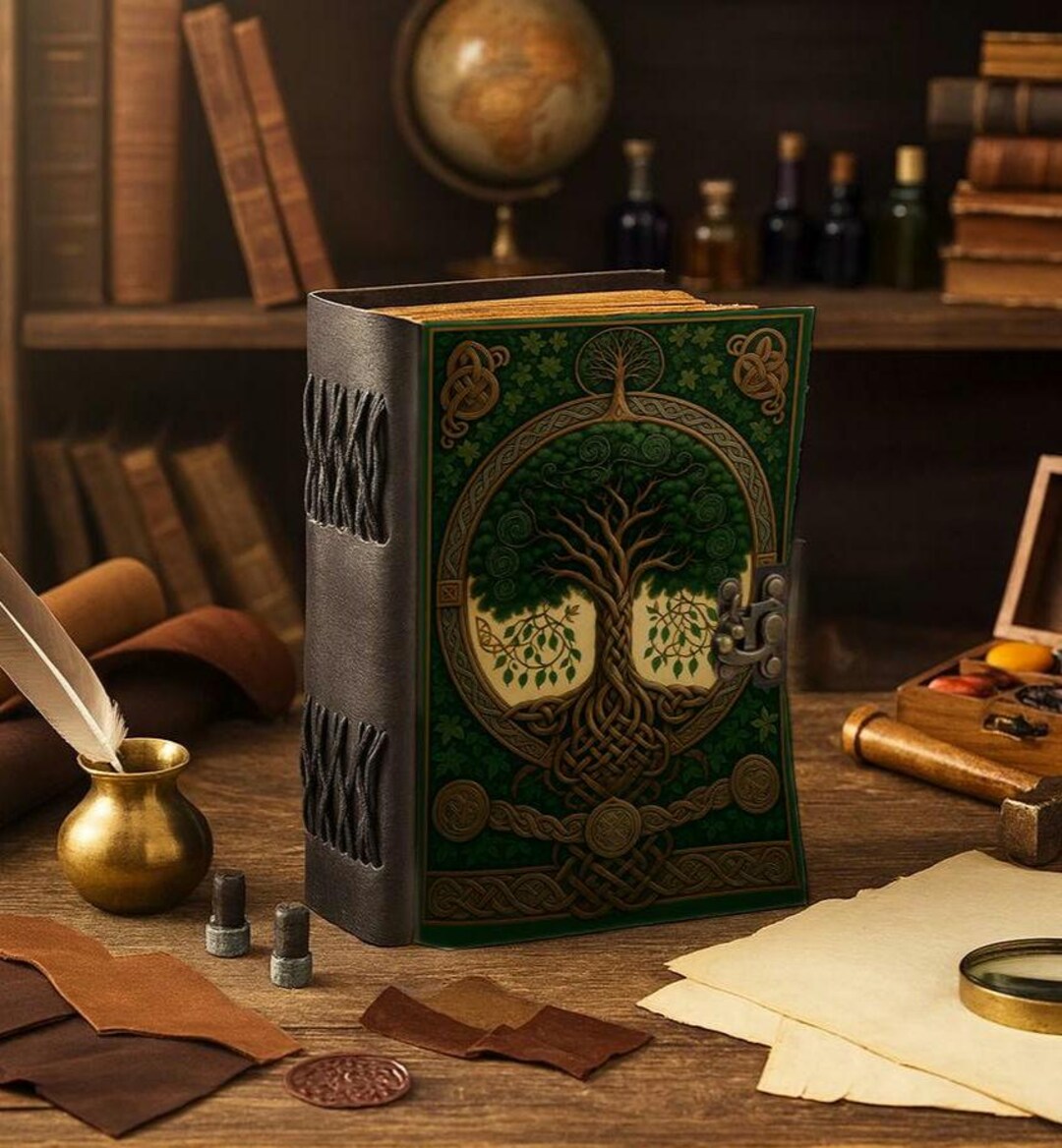 Tree of Life Leather Grimoire Journal 400 Page Large Blank Spell Book ...
